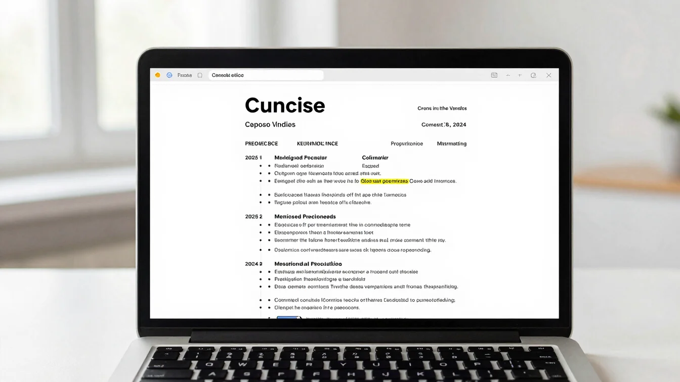 Close-up of a laptop screen showing a resume with action verbs hi