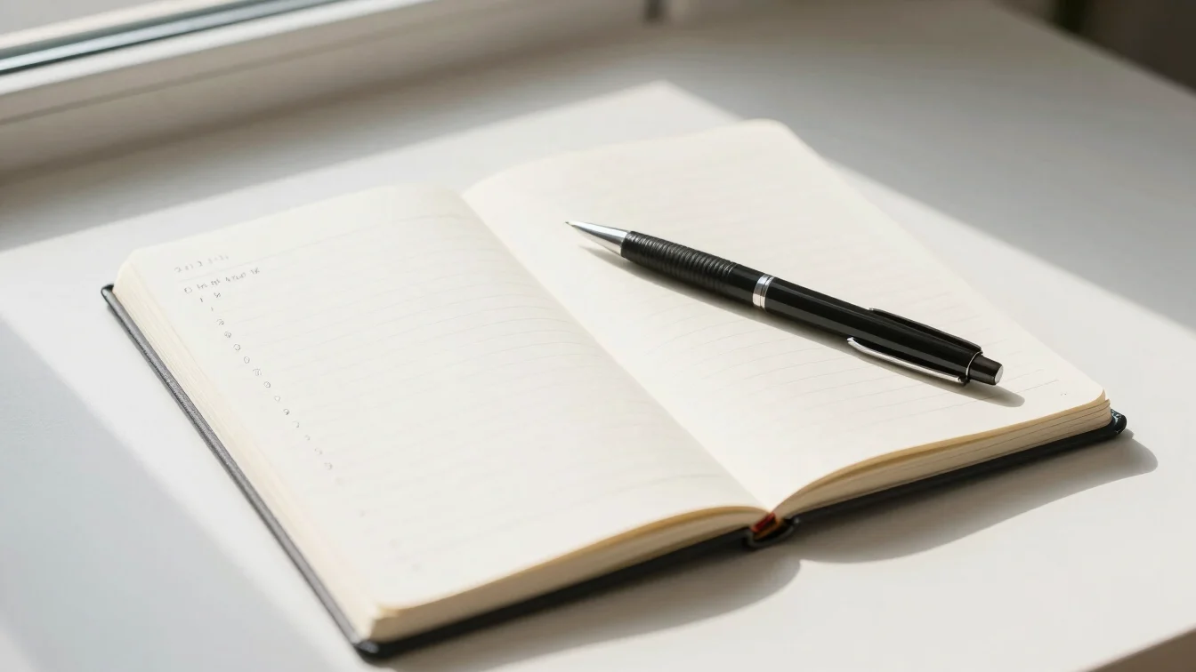 Overhead shot of a notebook with a pen, showing bullet points wit