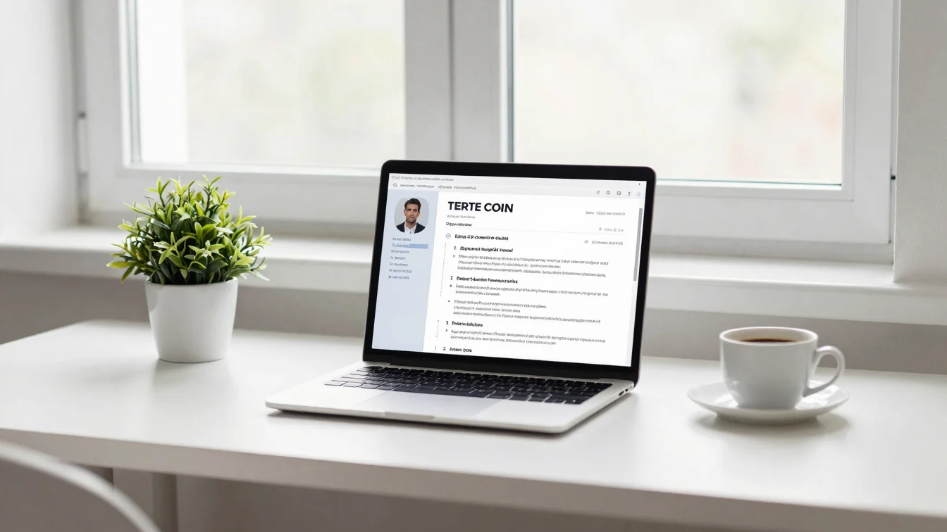 Minimalist desk with a laptop displaying a resume, a small plant,