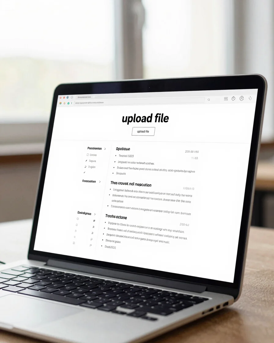 Close-up of a laptop screen displaying an 'upload file' interface